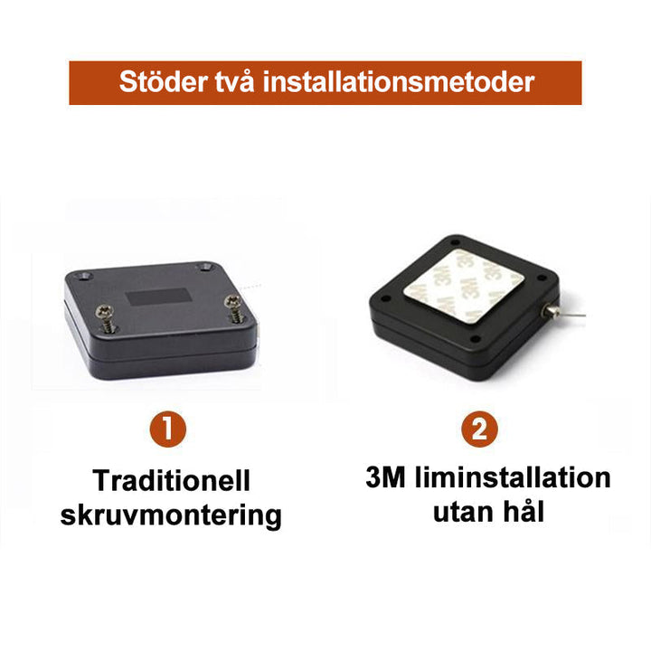 "Multifunktionell automatisk dörrstängare i svart/vit, stilren design, hålfri installation, perfekta för hem och kontor."