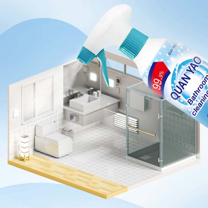 "Multifunktionell badrumsrengöring med kraftfull desinfektion för ett skinande rent badrum, vit sprayflaska mot vit bakgrund.