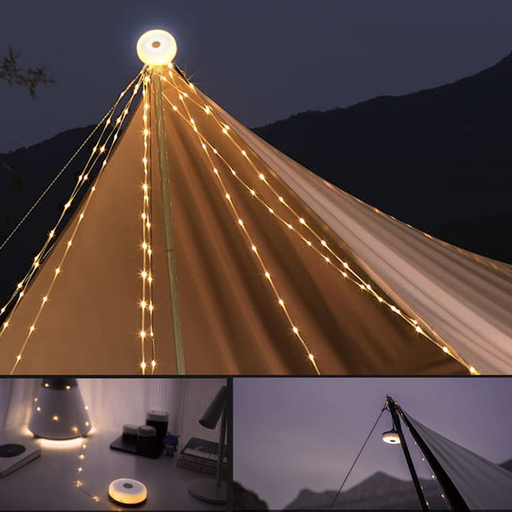 Multifunktionell bärbar campinglampa med IP67-skydd, USB-laddning, lädersnöre och ljusbälte för utomhusbruk.