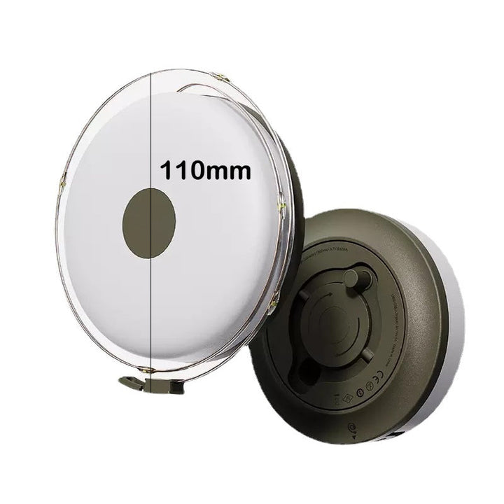 Multifunktionell bärbar campinglampa med IP67-skydd, USB-laddning, lädersnöre och ljusbälte för utomhusbruk.