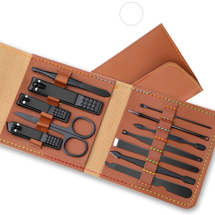 "Multifunktionell bärbar nagelklippare set i rostfritt stål, i gul, rosa, grön och blå, med elegant PU-läderfodral."