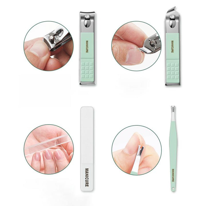 "Multifunktionell bärbar nagelklippare set i rostfritt stål, i gul, rosa, grön och blå, med elegant PU-läderfodral."