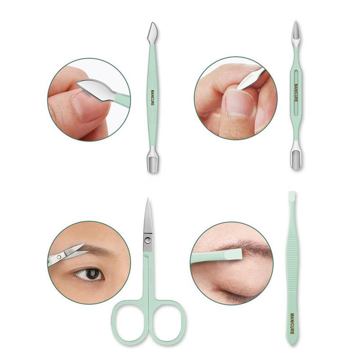 "Multifunktionell bärbar nagelklippare set i rostfritt stål, i gul, rosa, grön och blå, med elegant PU-läderfodral."