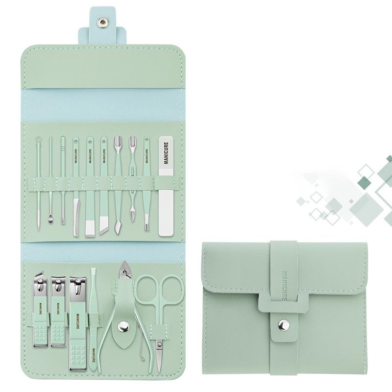"Multifunktionell bärbar nagelklippare set i rostfritt stål, i gul, rosa, grön och blå, med elegant PU-läderfodral."