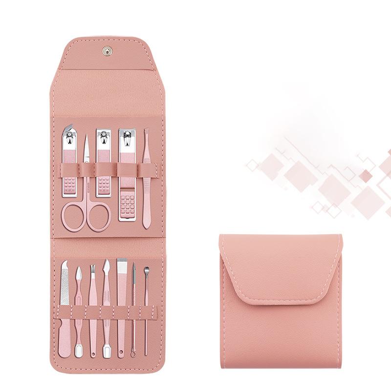 "Multifunktionell bärbar nagelklippare set i rostfritt stål, i gul, rosa, grön och blå, med elegant PU-läderfodral."