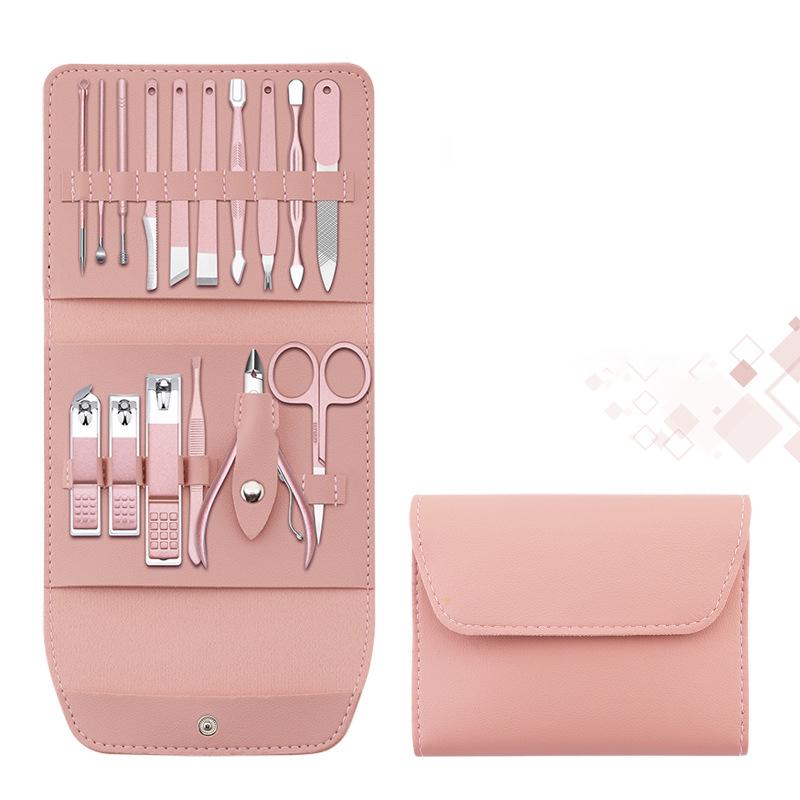"Multifunktionell bärbar nagelklippare set i rostfritt stål, i gul, rosa, grön och blå, med elegant PU-läderfodral."