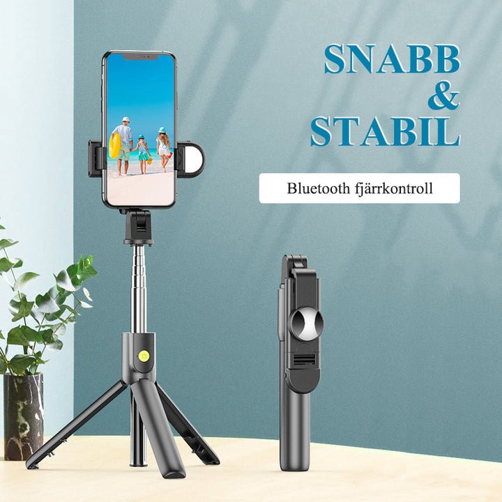 "Multifunktionell Bluetooth-fjärrkontroll Selfie-hållare med stativ och inbyggt fyllningsljus för enkla och stiliga selfies."
