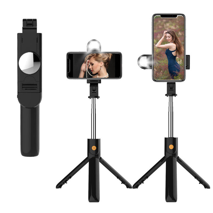 "Multifunktionell Bluetooth-fjärrkontroll Selfie-hållare med stativ och inbyggt fyllningsljus för enkla och stiliga selfies."