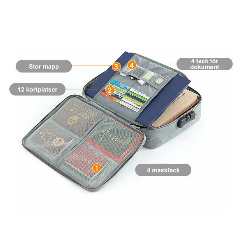 "Multifunktionell dokumentorganisatör i Oxford-tyg, grå, två lager, flera fack, vattentät, kompakt och bärbar."