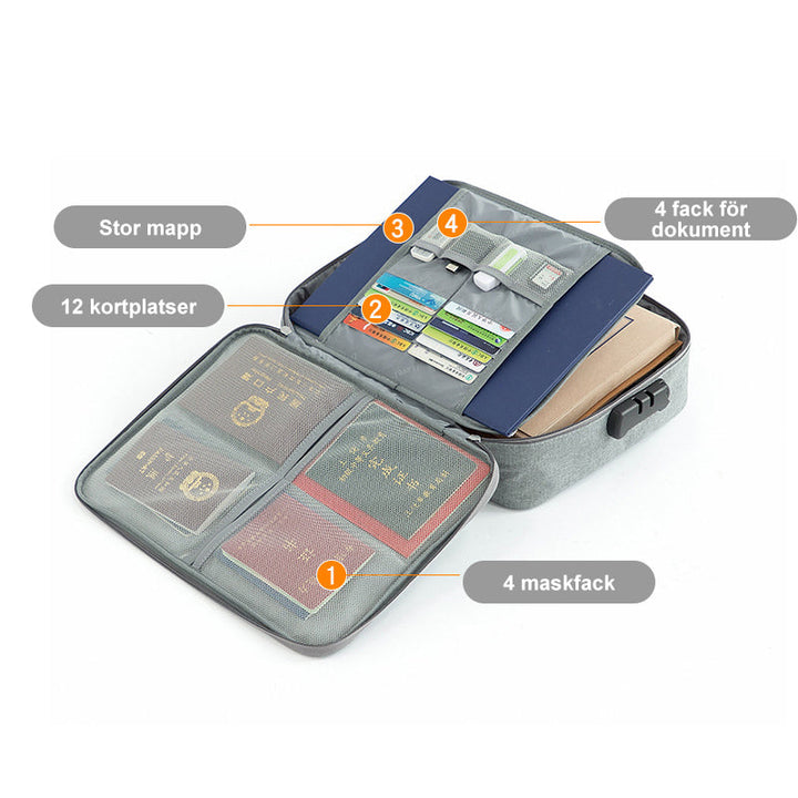 "Multifunktionell dokumentorganisatör i Oxford-tyg, grå, två lager, flera fack, vattentät, kompakt och bärbar."