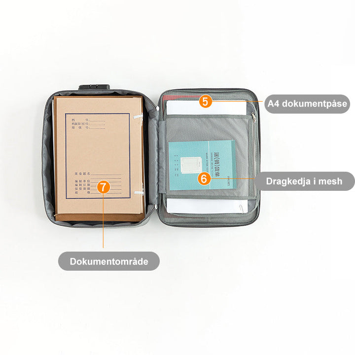 "Multifunktionell dokumentorganisatör i Oxford-tyg, grå, två lager, flera fack, vattentät, kompakt och bärbar."