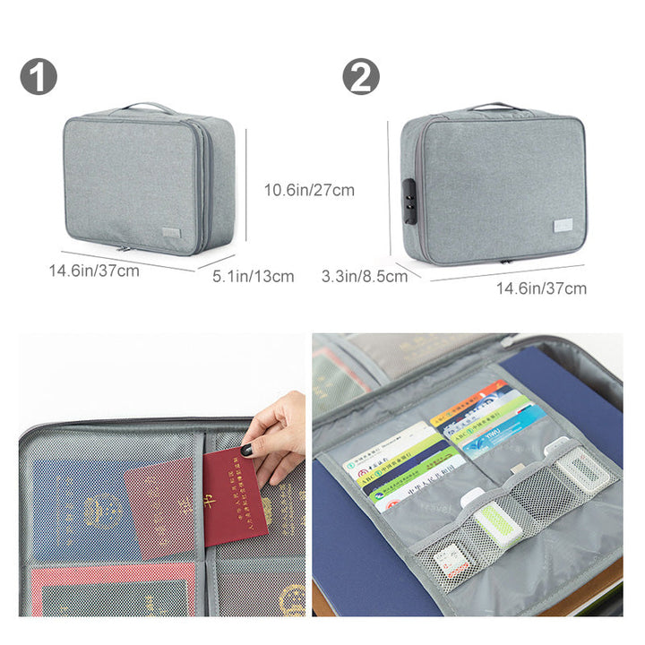 "Multifunktionell dokumentorganisatör i Oxford-tyg, grå, två lager, flera fack, vattentät, kompakt och bärbar."