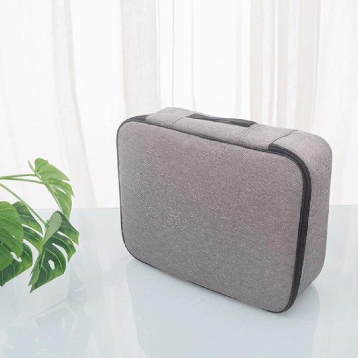 "Multifunktionell dokumentorganisatör i Oxford-tyg, grå, två lager, flera fack, vattentät, kompakt och bärbar."