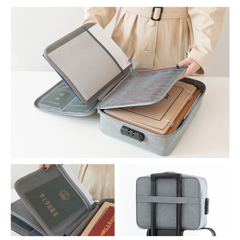 "Multifunktionell dokumentorganisatör i Oxford-tyg, grå, två lager, flera fack, vattentät, kompakt och bärbar."