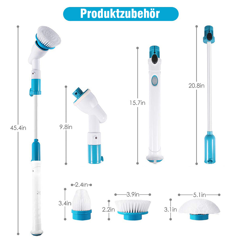 "Multifunktionell elektrisk rengöringsborste med justerbart skaft, flera borsthuvuden och vattentålig design för enkel städni