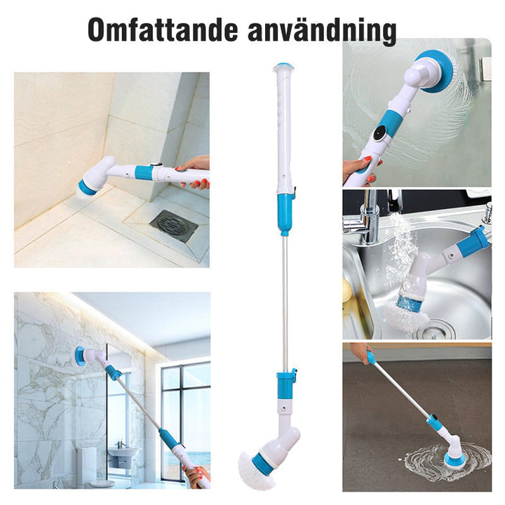 "Multifunktionell elektrisk rengöringsborste med justerbart skaft, flera borsthuvuden och vattentålig design för enkel städni