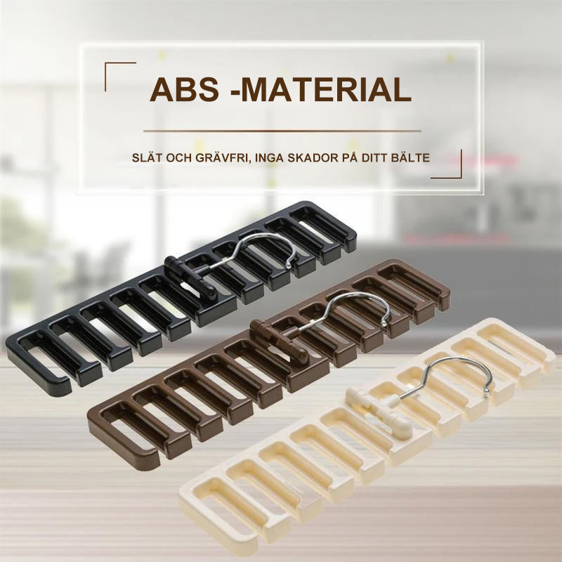 "Multifunktionell garderobshängare för bälten och tillbehör, ABS-material, brun, svart och vit, roterbar krok, halkfri kant."