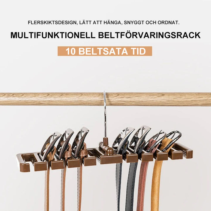 "Multifunktionell garderobshängare för bälten och tillbehör, ABS-material, brun, svart och vit, roterbar krok, halkfri kant."