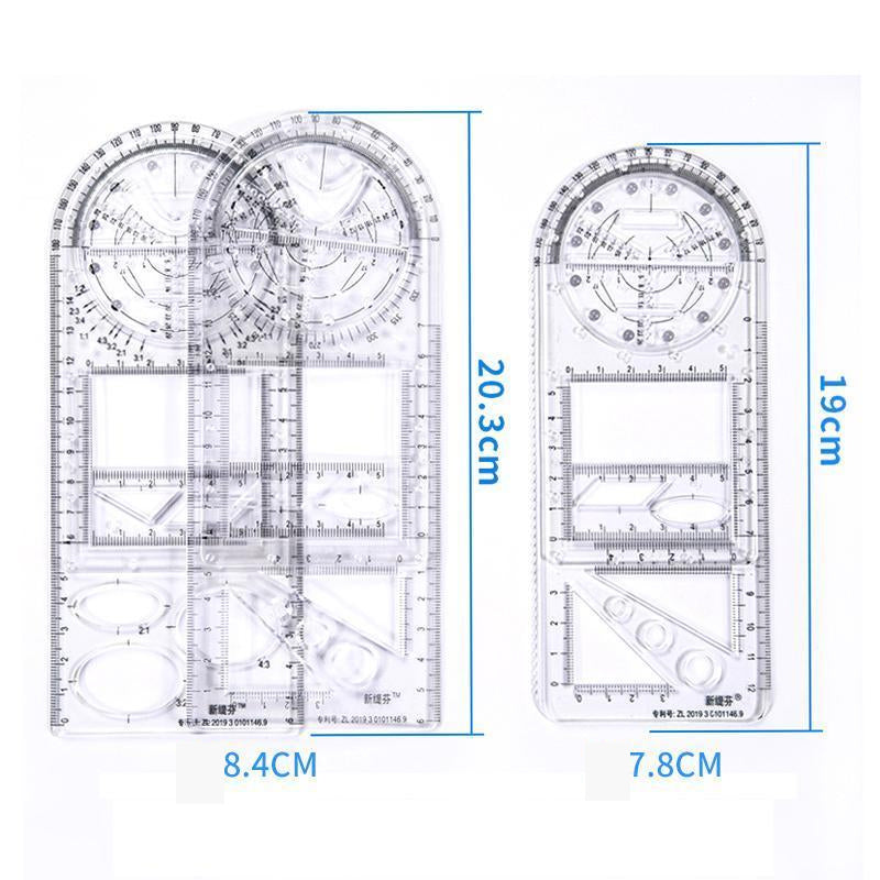 "Multifunktionell geometrisk linjal, transparent med blå inslag, för exakta mätningar och skisser i plastmaterial."