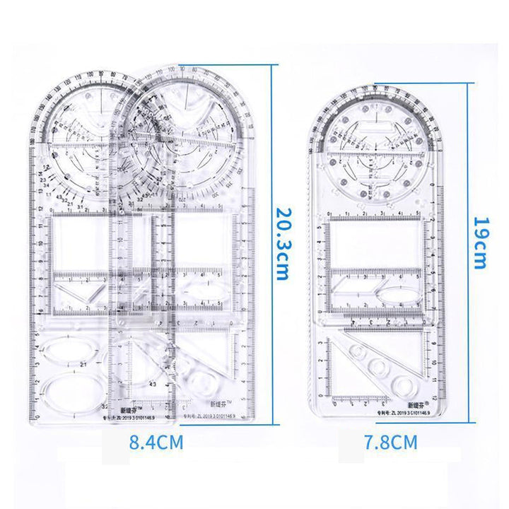"Multifunktionell geometrisk linjal, transparent med blå inslag, för exakta mätningar och skisser i plastmaterial."