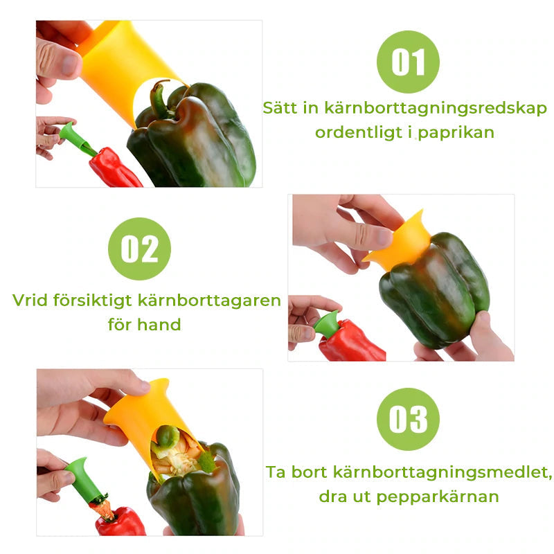 "Multifunktionell grönsaksurkärnare av livsmedelsgodkänd silikon i kompakt design för enkel urkärning av paprika och grönsake