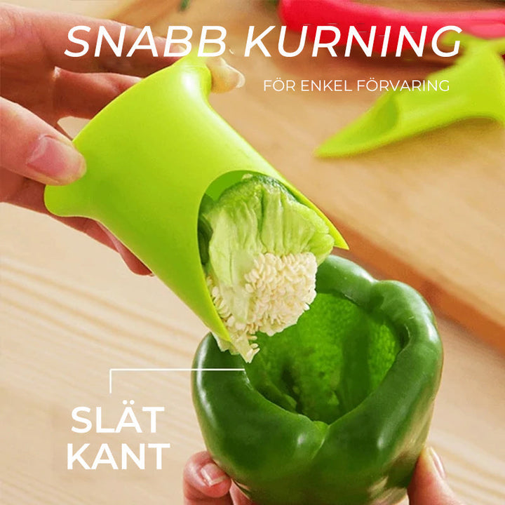 "Multifunktionell grönsaksurkärnare av livsmedelsgodkänd silikon i kompakt design för enkel urkärning av paprika och grönsake