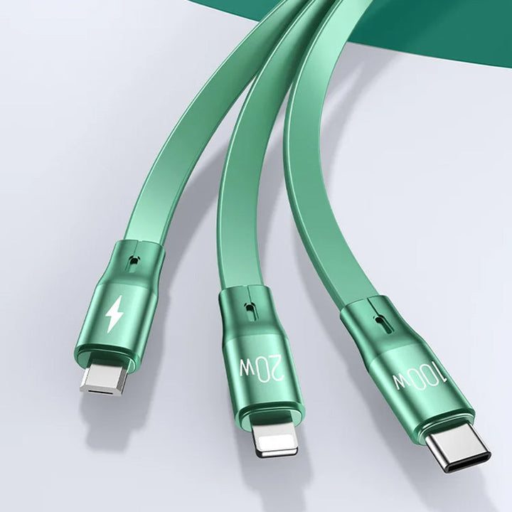 Multifunktionell infällbar datakabel med tre kontakter, kompakt design, grå färg, stöder snabbladdning och dataöverföring.