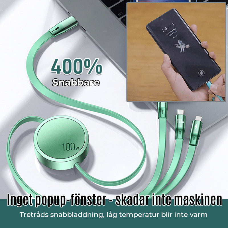 Multifunktionell infällbar datakabel med tre kontakter, kompakt design, grå färg, stöder snabbladdning och dataöverföring.