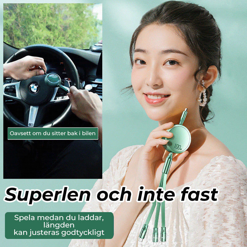 Multifunktionell infällbar datakabel med tre kontakter, kompakt design, grå färg, stöder snabbladdning och dataöverföring.
