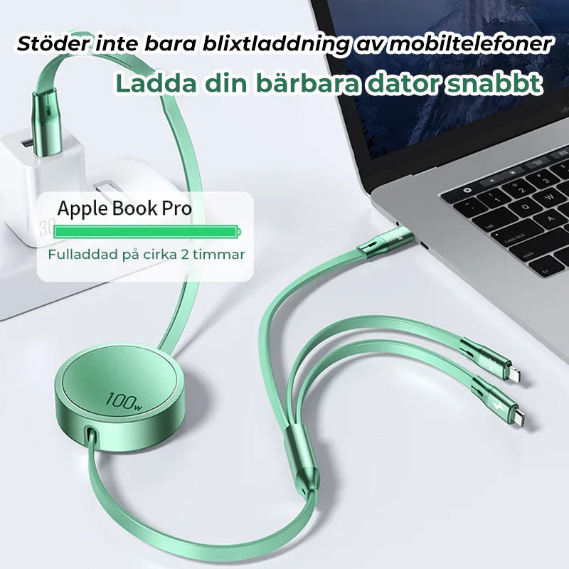 Multifunktionell infällbar datakabel med tre kontakter, kompakt design, grå färg, stöder snabbladdning och dataöverföring.