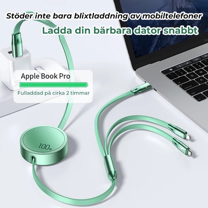 Multifunktionell infällbar datakabel med tre kontakter, kompakt design, grå färg, stöder snabbladdning och dataöverföring.
