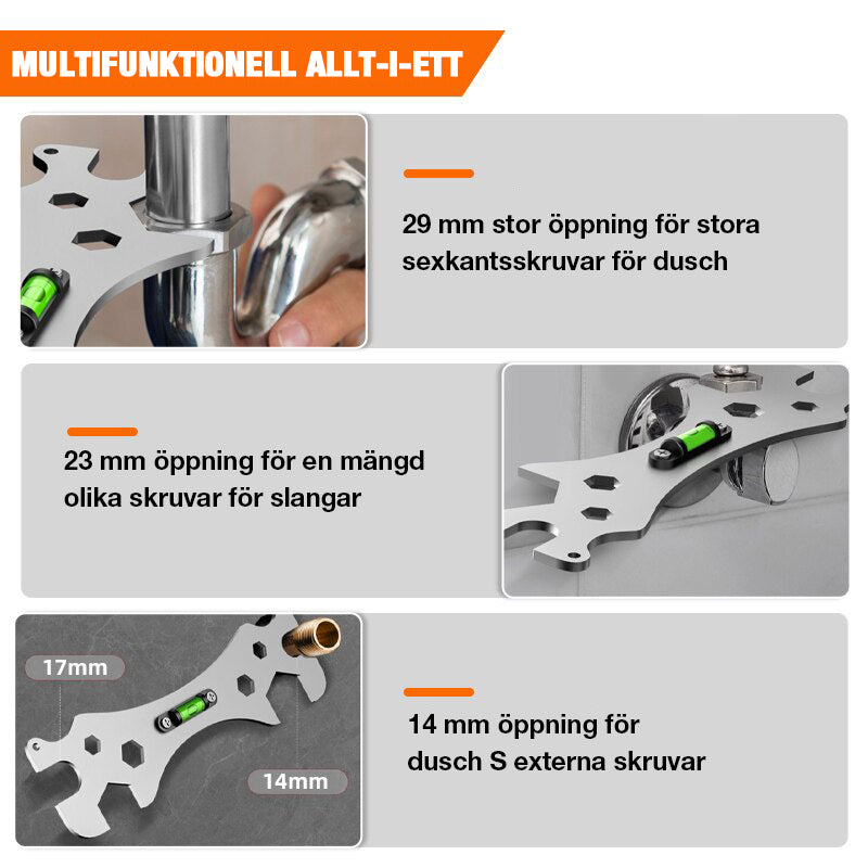 "Multifunktionell justerbar vinkelnyckel i rostfritt stål, perfekt för trånga utrymmen och precision inom GDS-projekt."