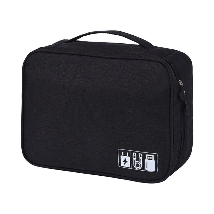 "Multifunktionell kabelförvaringspåse i vattentätt tyg med nätfickor, elastiska öglor för kablar och tillbehör."