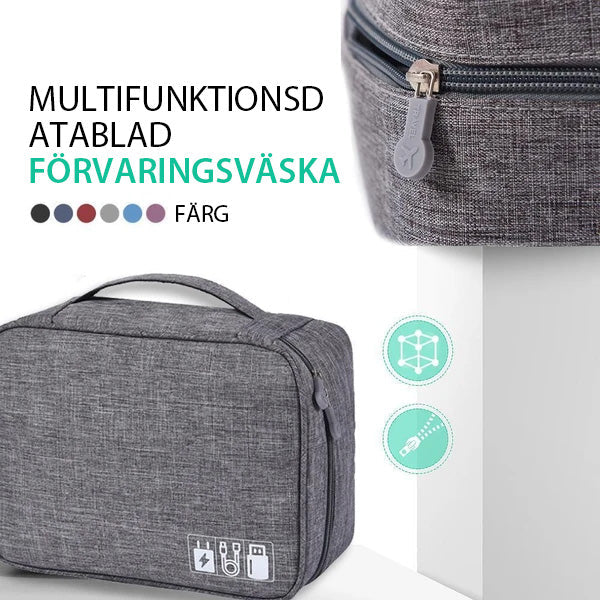 "Multifunktionell kabelförvaringspåse i vattentätt tyg med nätfickor, elastiska öglor för kablar och tillbehör."
