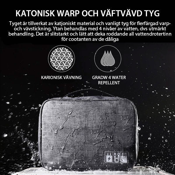 "Multifunktionell kabelförvaringspåse i vattentätt tyg med nätfickor, elastiska öglor för kablar och tillbehör."