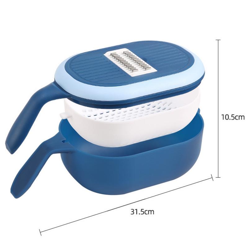 "Multifunktionell köksavloppskorg med skivare, tre blad, rostfritt stål, integrerad dränering, i blå, vit, rosa."