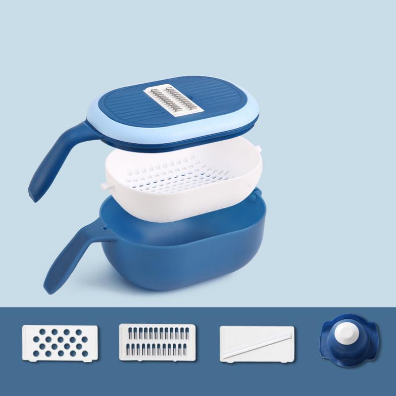 "Multifunktionell köksavloppskorg med skivare, tre blad, rostfritt stål, integrerad dränering, i blå, vit, rosa."