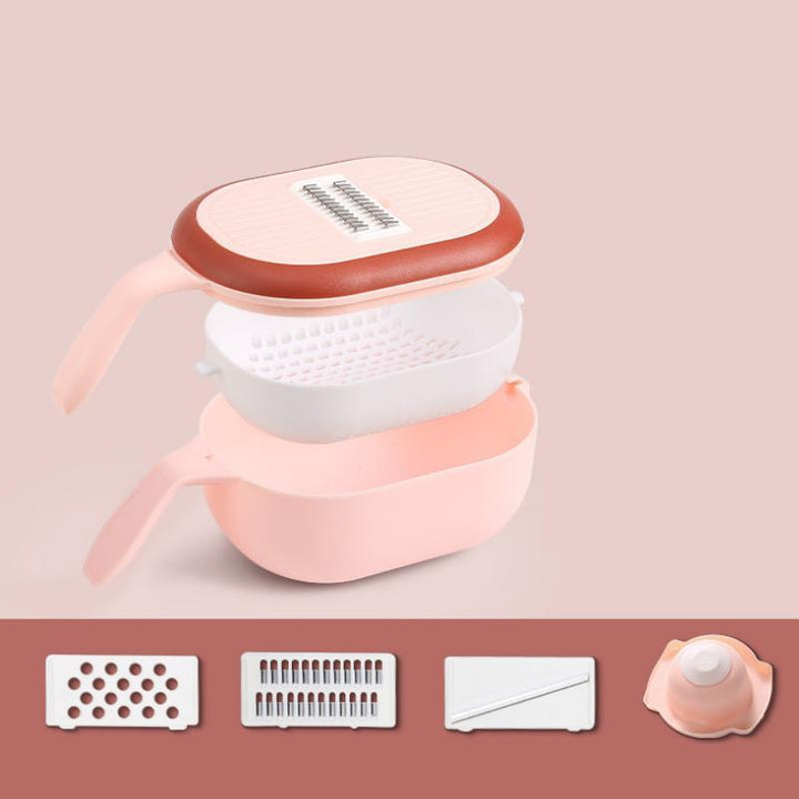 "Multifunktionell köksavloppskorg med skivare, tre blad, rostfritt stål, integrerad dränering, i blå, vit, rosa."