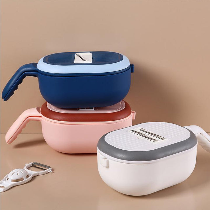 "Multifunktionell köksavloppskorg med skivare, tre blad, rostfritt stål, integrerad dränering, i blå, vit, rosa."