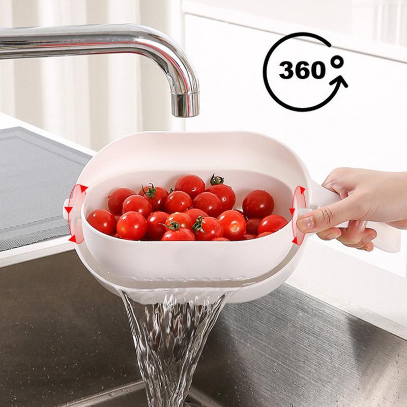 "Multifunktionell köksavloppskorg med skivare, tre blad, rostfritt stål, integrerad dränering, i blå, vit, rosa."