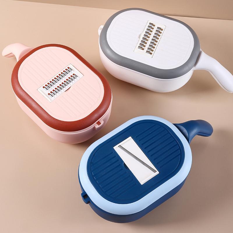 "Multifunktionell köksavloppskorg med skivare, tre blad, rostfritt stål, integrerad dränering, i blå, vit, rosa."