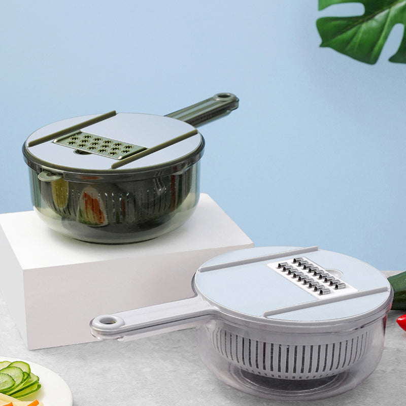 "Multifunktionell kökshackare med 5 blad, mörkgrå, halkfritt grepp, smart dränering, effektiv matberedning, elegant design."