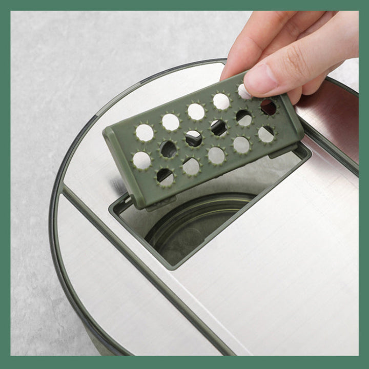"Multifunktionell kökshackare med 5 blad, mörkgrå, halkfritt grepp, smart dränering, effektiv matberedning, elegant design."