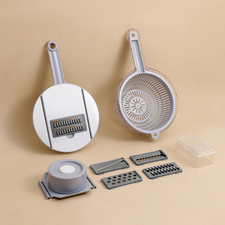 "Multifunktionell kökshackare med 5 blad, mörkgrå, halkfritt grepp, smart dränering, effektiv matberedning, elegant design."