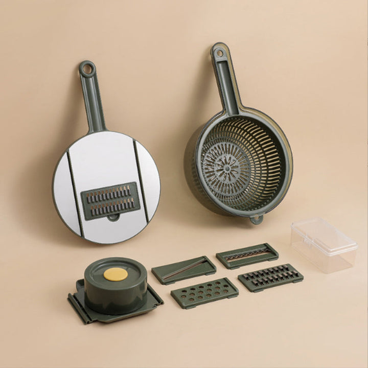 "Multifunktionell kökshackare med 5 blad, mörkgrå, halkfritt grepp, smart dränering, effektiv matberedning, elegant design."