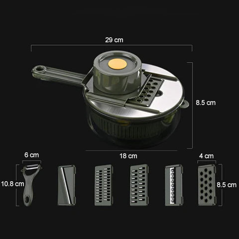 "Multifunktionell kökshackare med 5 blad, mörkgrå, halkfritt grepp, smart dränering, effektiv matberedning, elegant design."