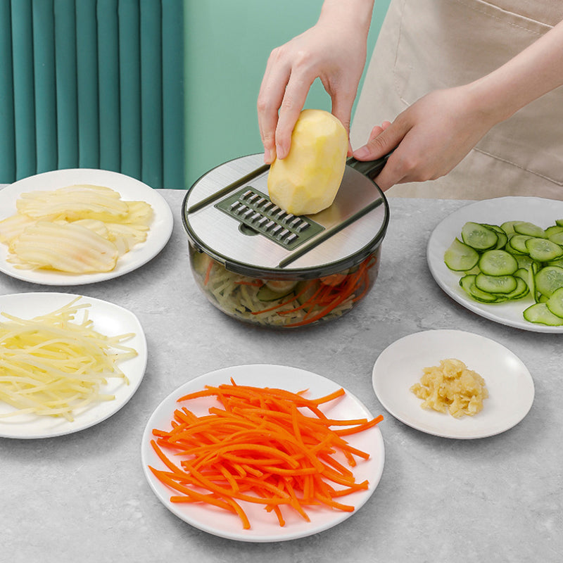 "Multifunktionell kökshackare med 5 blad, mörkgrå, halkfritt grepp, smart dränering, effektiv matberedning, elegant design."