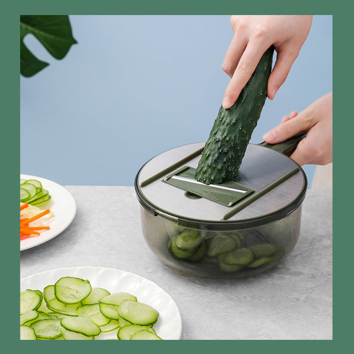 "Multifunktionell kökshackare med 5 blad, mörkgrå, halkfritt grepp, smart dränering, effektiv matberedning, elegant design."