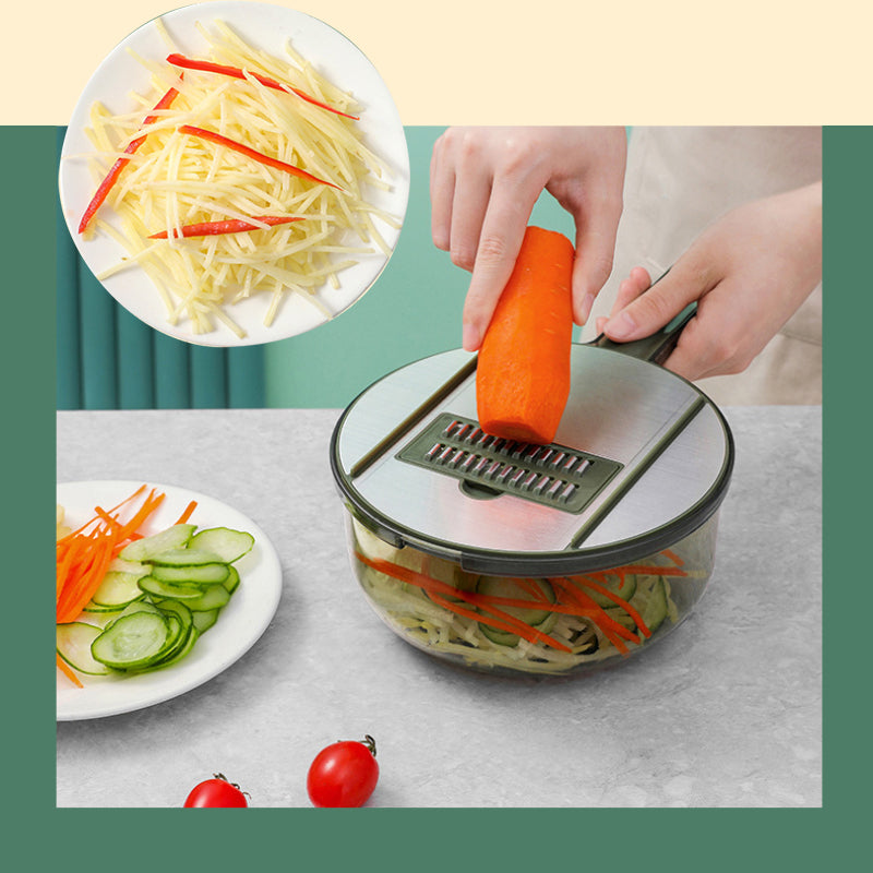 "Multifunktionell kökshackare med 5 blad, mörkgrå, halkfritt grepp, smart dränering, effektiv matberedning, elegant design."