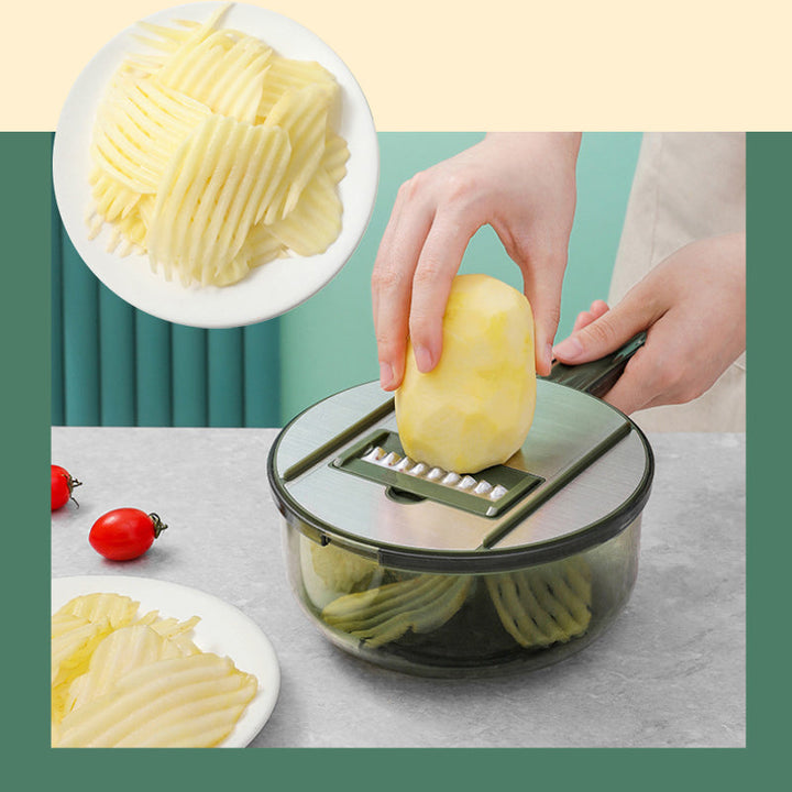"Multifunktionell kökshackare med 5 blad, mörkgrå, halkfritt grepp, smart dränering, effektiv matberedning, elegant design."